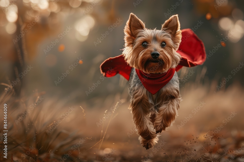 Wall mural Yorkshire Terrier dog wearing a red cape, flying happily in a running pose. Its two ears are raised up as it soars through the blue sky. Fluffy clouds dot the background.