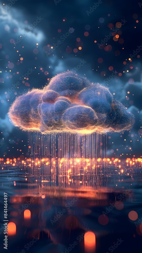 Poster surging data streams flowing into dynamic cloud computing for business efficiency