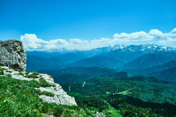 View of mountains in summer and snowy peaks.
