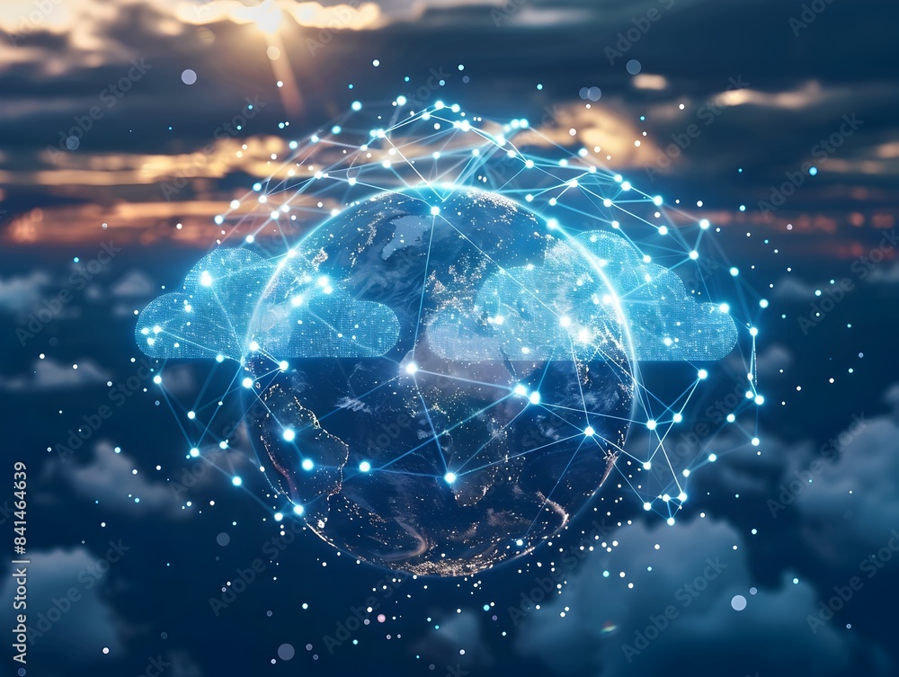 Poster conceptual image of global cloud computing network with interconnected clouds