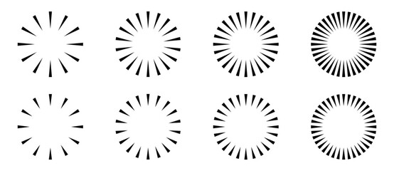 Set of simple round sunburst, line radial rays, frame icon 