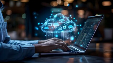 Businessperson Managing Cloud Services on Laptop with Virtual Icons