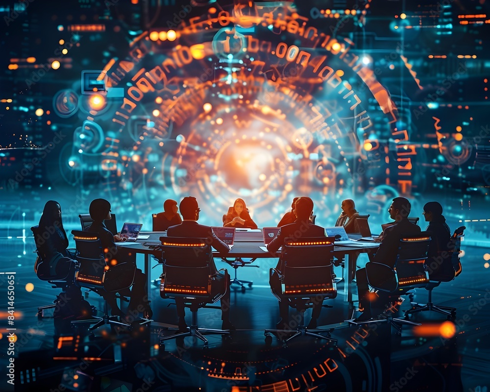 Poster futuristic virtual roundtable discussion with diverse participants connected through secure digital 