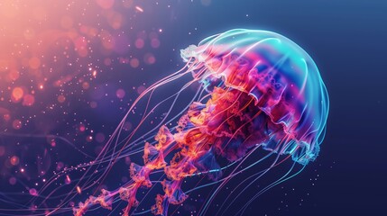 Fototapeta premium Bioluminescent jellyfish floating gracefully deep ocean tentacles underwater marine life colorful wildlife