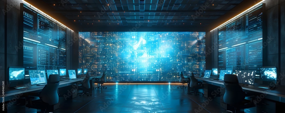 Poster high tech office with digital screens displaying cybersecurity and network analytics