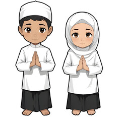 A young Muslim boy and girl wearing traditional white clothing and standing with their hands clasped in a prayer position