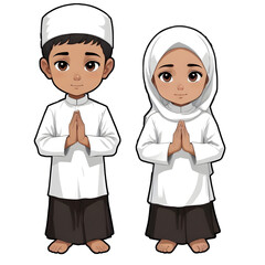 A young Muslim boy and girl wearing traditional white clothing and standing with their hands clasped in a prayer position