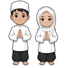 A young Muslim boy and girl wearing traditional white clothing and standing with their hands clasped in a prayer position