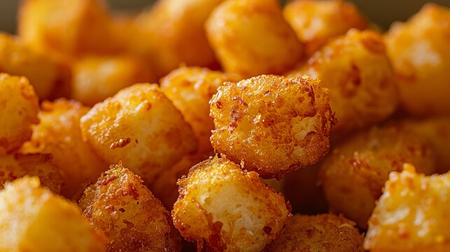 A tater tots close up, food design, dynamic, dramatic compositions, with copy space.