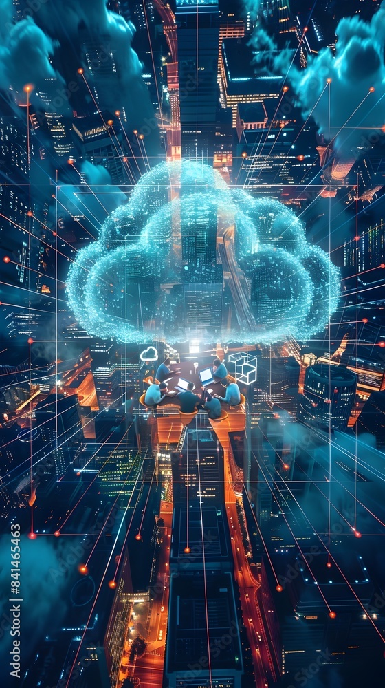 Poster global team collaborating through cloud based platform for seamless digital communication