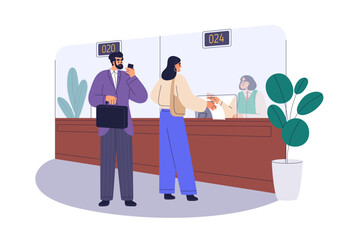 Customer and bank teller at counter. Cashier behind window in financial department. Client talking to banker, financial worker in finance office. Flat vector illustration isolated on white background