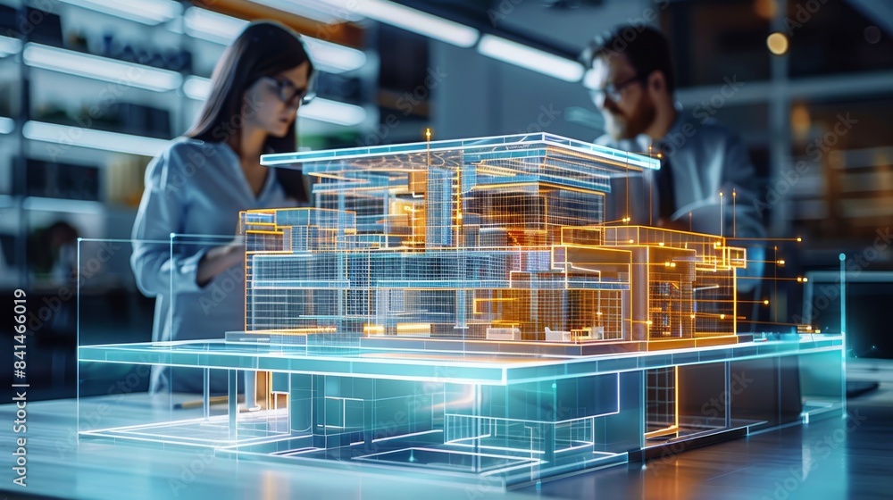 Aufkleber architects and engineers collaborating around a holographic building model, featuring diverse softwa