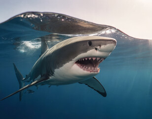 Naklejka premium Uno squalo tigre maculato nuota lentamente, la sua pelle unica che risplende sotto la luce del sole filtrata dall'acqua. 