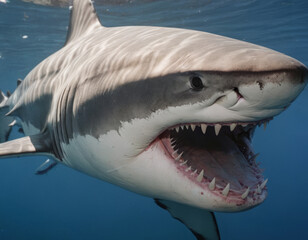 Fototapeta premium Uno squalo balena si muove lentamente, la sua bocca enorme aperta per filtrare il plancton, creando una scena pacifica e maestosa. 