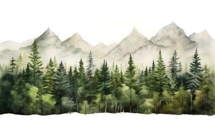 Fototapeta premium A lush forest of green trees sits in front of a range of mountains with plain white background 