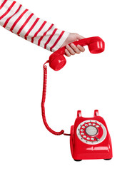 Woman answering a retro red telephone design element