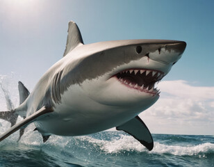 Fototapeta premium Uno squalo nuota vicino alla costa, la sua figura robusta e potente che si muove con facilità tra le onde. 