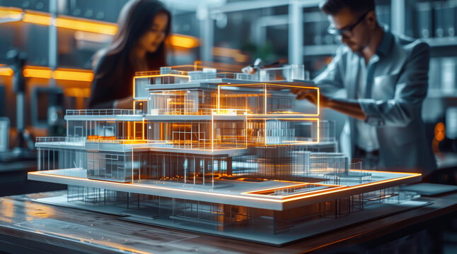 Architects and engineers collaborating around a holographic building model, featuring diverse software interfaces and data exchange, highlighting the seamless integration. Generative AI.