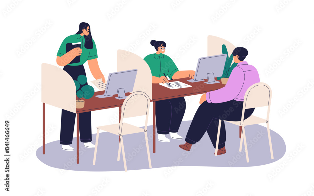 Poster client consulting with bank adviser at desk. customer at table at financial service department. loan