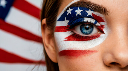 Woman eye with makeup in the colors of the American flag