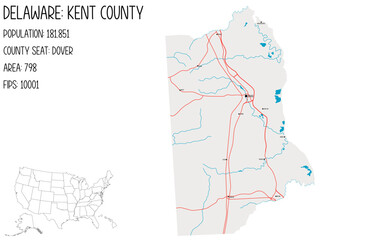 Large and detailed map of Kent County in Delaware, USA.