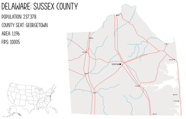 Large and detailed map of Sussex County in Delaware, USA.