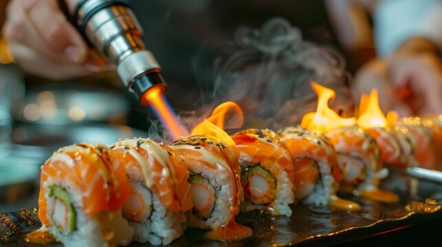 A chef preparing a specialty sushi roll with a blowtorch, lightly searing the outer layer of fish to enhance its flavor and texture