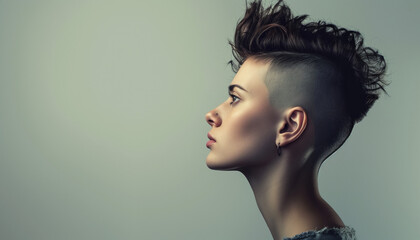A profile portrait of a person with a unique hairstyle, set against a plain background, portrait, profile, hairstyle