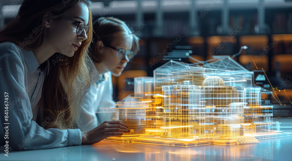 Poster Architects and engineers collaborating around a holographic building model, featuring diverse software interfaces and data exchange, highlighting the seamless integration. Generative AI.