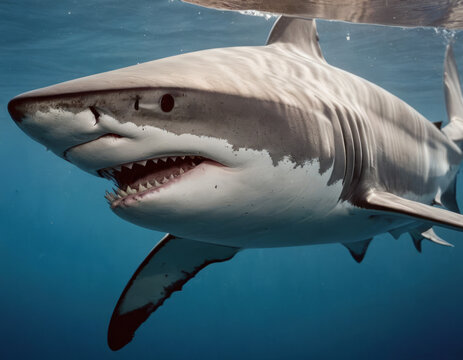 Lo squalo pinna nera emerge dalla profondit&agrave;, la sua pinna dorsale tagliando la superficie dell'acqua in modo sinistro.

