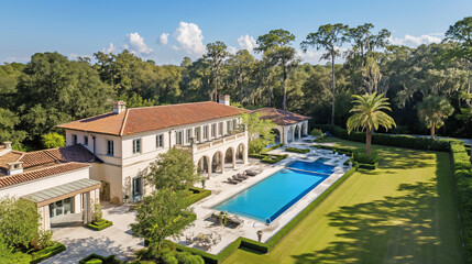 Large villa with orange roof, pool, garden