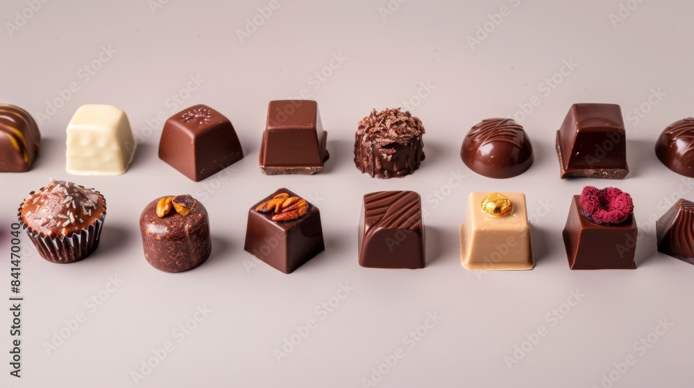 Poster a row of assorted chocolates with a variety of flavors and textures