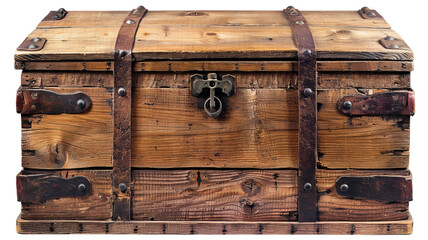 Vintage wooden treasure chest with metal accents, ideal for storage and rustic decor. Antique aesthetic, perfect for themed events and photography props.