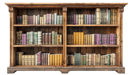 Wooden bookshelf filled with vintage books in various colors, creating a classic and nostalgic atmosphere perfect for a home library or study.