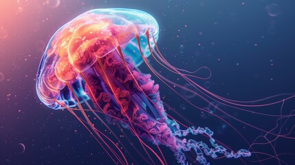 Obraz premium Colorful Jellyfish With Glowing Tentacles Floating In Deep Blue Ocean Water, Stunning Underwater Marine Wildlife Photography