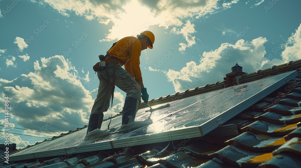 Poster man in uniform cleaning the gutter and the solar panel. generative ai.