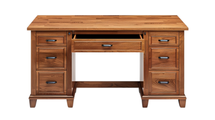 Classic wooden office desk with multiple drawers on both sides and a central keyboard tray, perfect for a professional workspace.