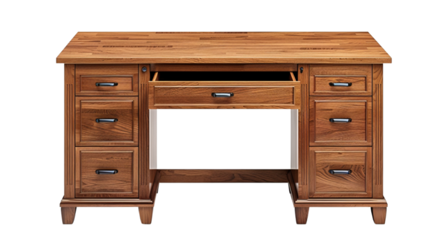 Classic wooden office desk with multiple drawers on both sides and a central keyboard tray, perfect for a professional workspace.