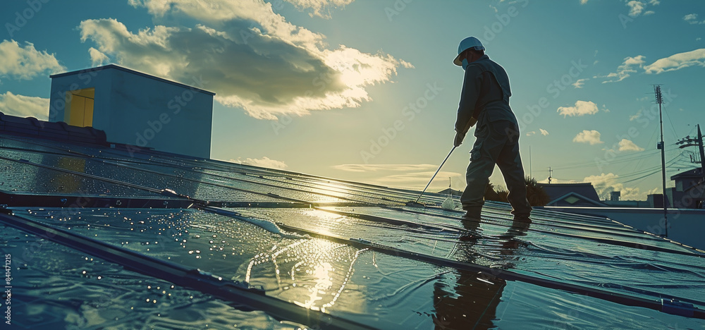 Poster Man in uniform cleaning the gutter and the solar panel. Generative AI.