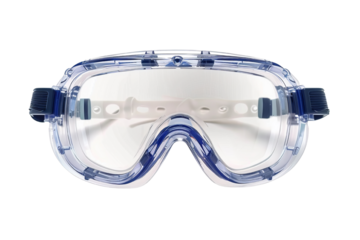 Close-up of protective safety goggles isolated on white background, essential for various professions and safety measures.