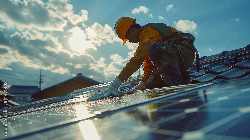 Poster Man in uniform cleaning the gutter and the solar panel. Generative AI.