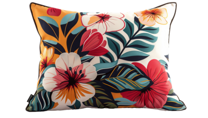Colorful decorative pillow with vibrant floral design, featuring large flowers and bold leaves for a tropical, modern aesthetic.