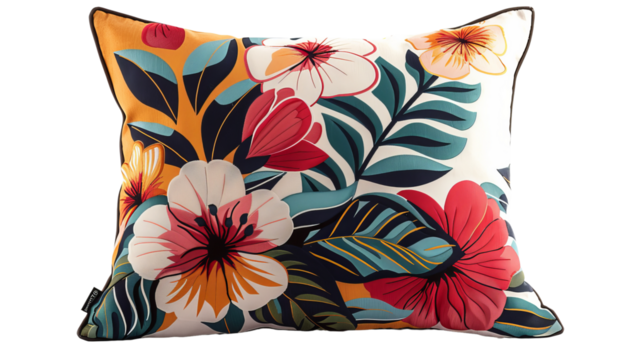 Colorful decorative pillow with vibrant floral design, featuring large flowers and bold leaves for a tropical, modern aesthetic.