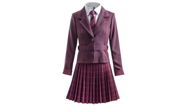 Elegant maroon plaid school uniform with jacket and pleated skirt, perfect for school-themed projects or educational advertisements.