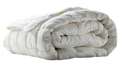 Folded fluffy white comforter ready for use. Soft and luxurious bedding item suitable for keeping warm and cozy during cold nights.
