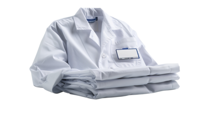 Folded white lab coats with name tag isolated on white background, symbolizing cleanliness and professionalism in medical or scientific fields.