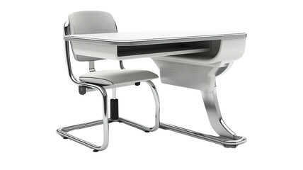 Modern school desk with attached chair. Sleek white design, curves and metallic details. Ideal for educational and office environments.