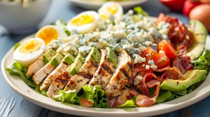 A colorful and refreshing Cobb salad topped with grilled chicken, avocado, bacon, hard-boiled eggs, and blue cheese crumbles, a popular choice for a light and satisfying meal