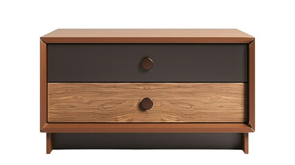 Modern wooden bedside table with two drawers, featuring a sleek design and dark and natural wood tones. Ideal for contemporary interiors.