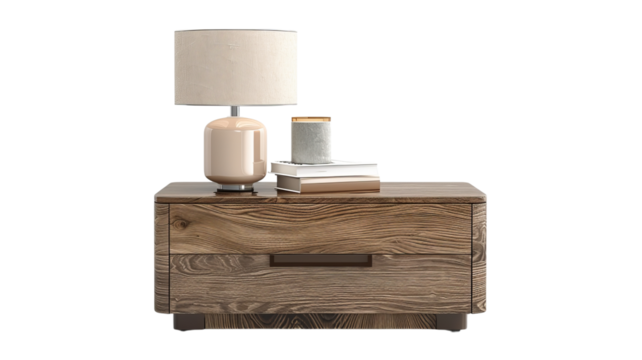 Modern wooden nightstand with a table lamp, books, and candle, perfect for bedroom or living room decor.